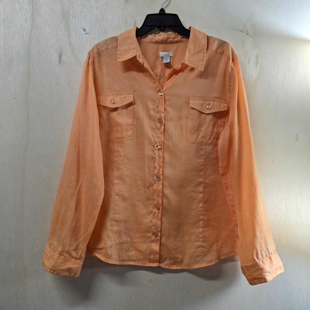 Chico's Ramie Cotton Button Front Shirt Peach Orange Roll Tab Sleeve Size 3 XL